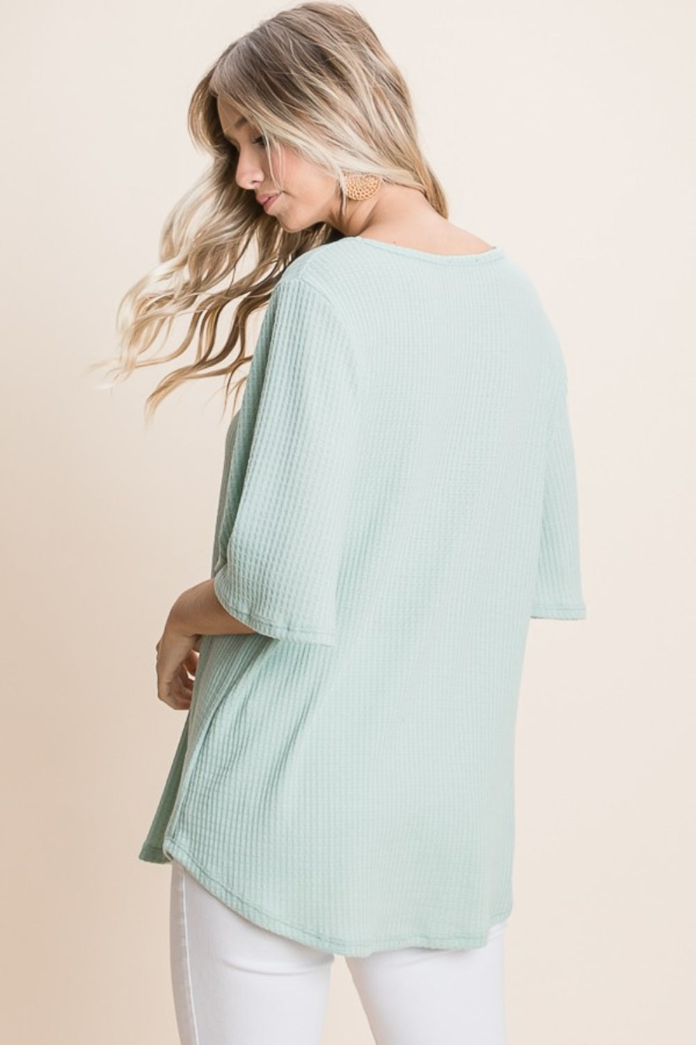 BOMBOM Round Neck Waffle Knit T-Shirt Back View Sage