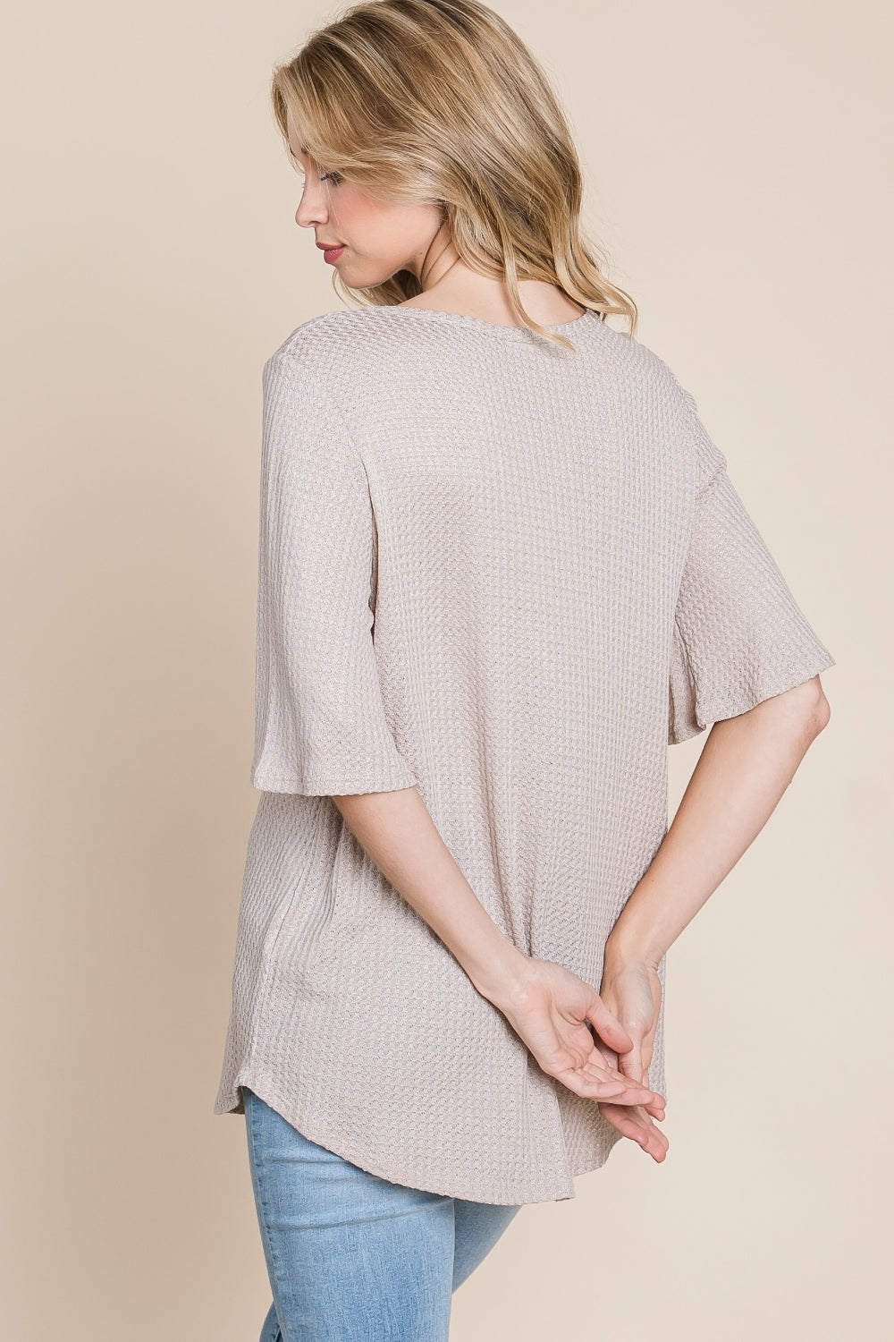 BOMBOM Round Neck Waffle Knit T-Shirt Back View Sand