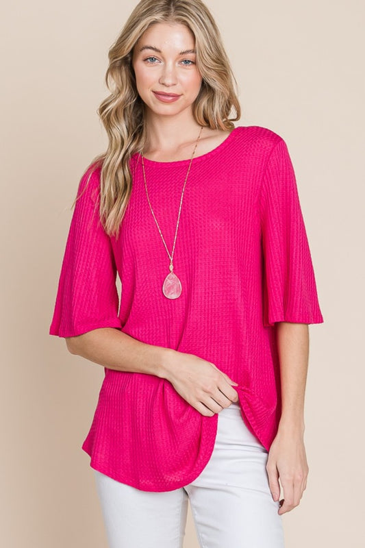 BOMBOM Round Neck Waffle Knit T-Shirt Front View Fuchsia