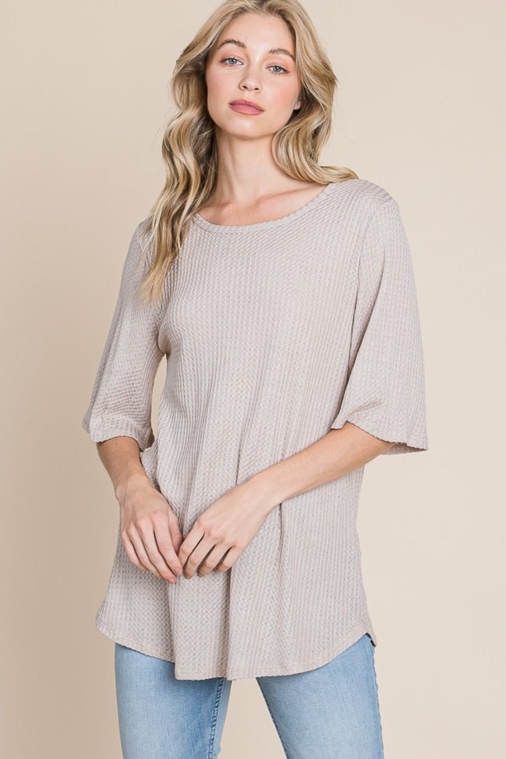 BOMBOM Round Neck Waffle Knit T-Shirt Front View Sand