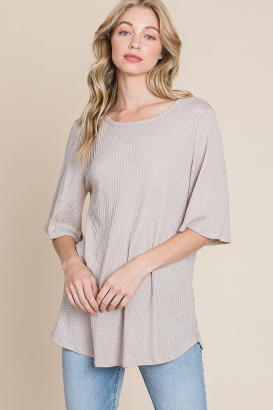 BOMBOM Round Neck Waffle Knit T-Shirt Front View Sand
