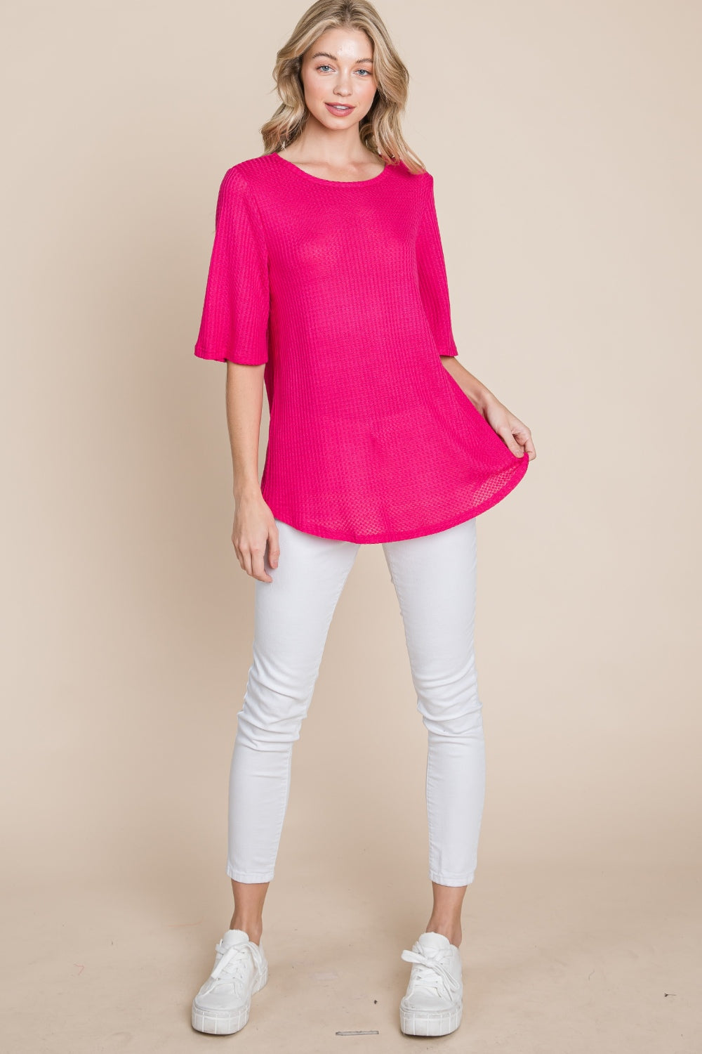 BOMBOM Round Neck Waffle Knit T-Shirt Full Frontal View Fuchsia