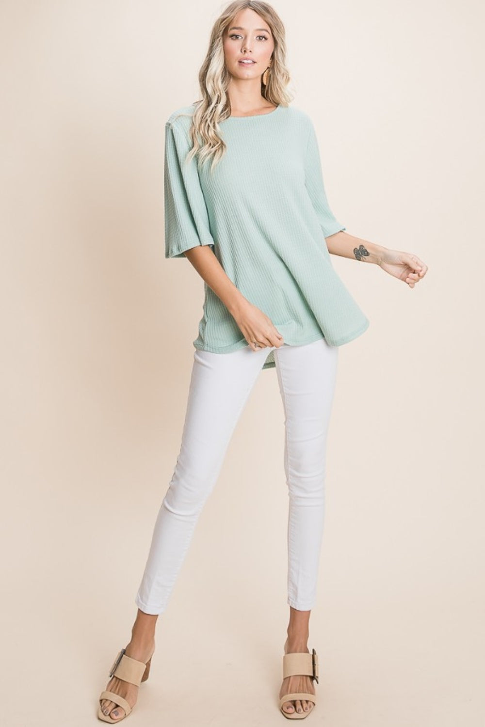 BOMBOM Round Neck Waffle Knit T-Shirt Full Frontal View Sage
