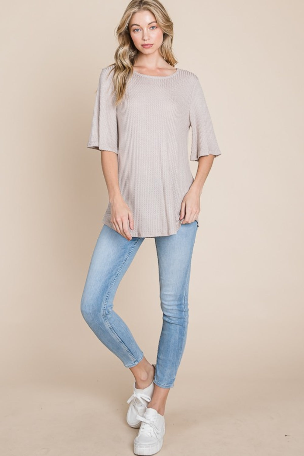 BOMBOM Round Neck Waffle Knit T-Shirt Full Frontal View Sand