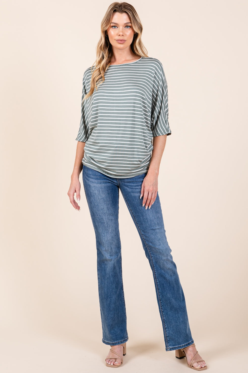 BOMBOM Striped Boat Neck Dolman Sleeve Top Full Frontal View Dusty Olive