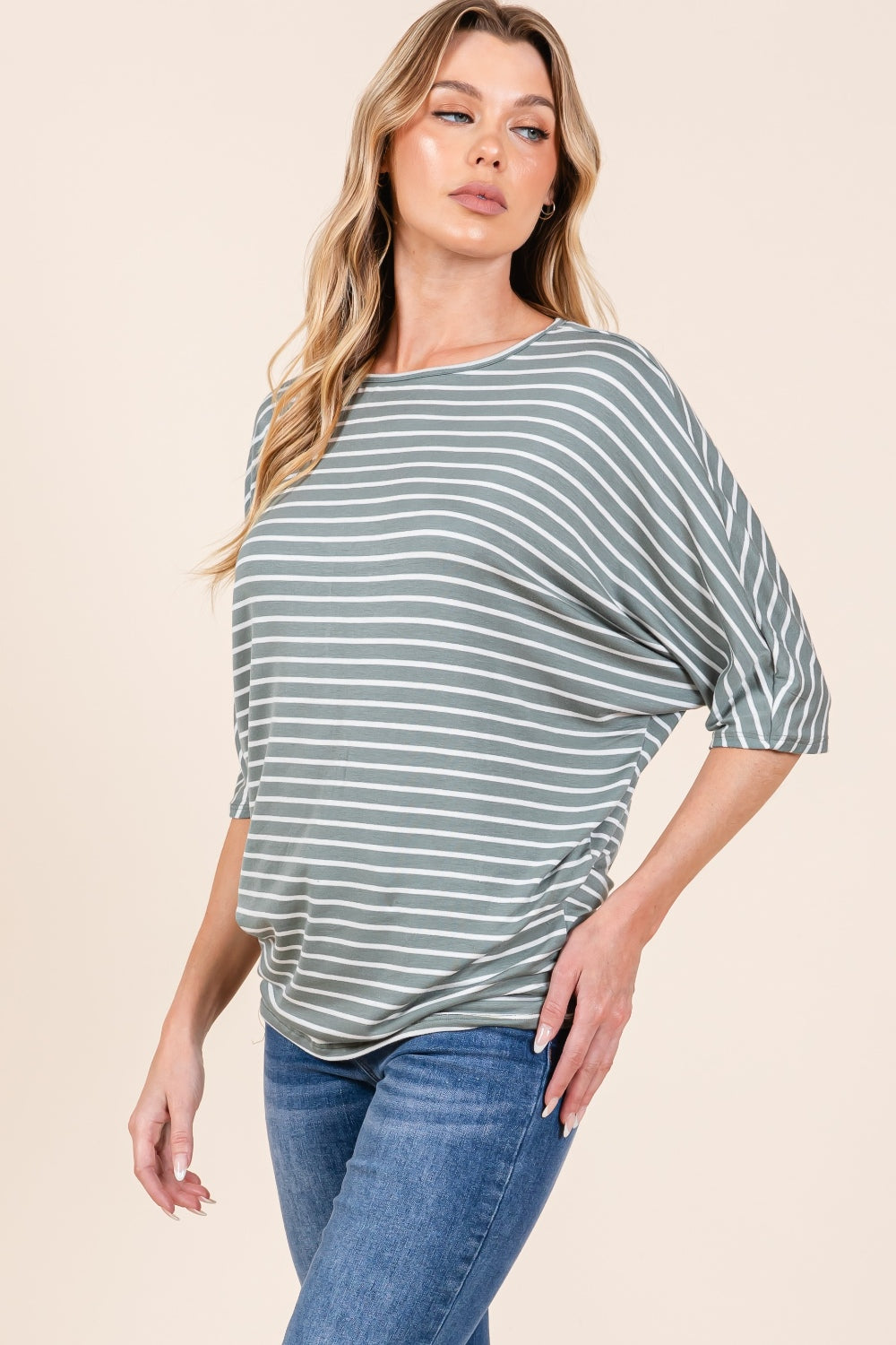 BOMBOM Striped Boat Neck Dolman Sleeve Top Side View Dusty Olive