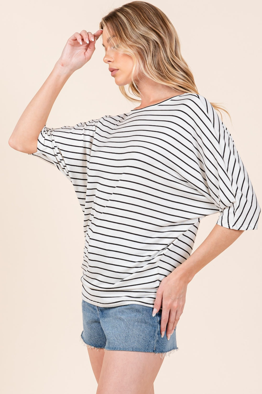 BOMBOM Striped Boat Neck Dolman Sleeve Top Side View Ivory