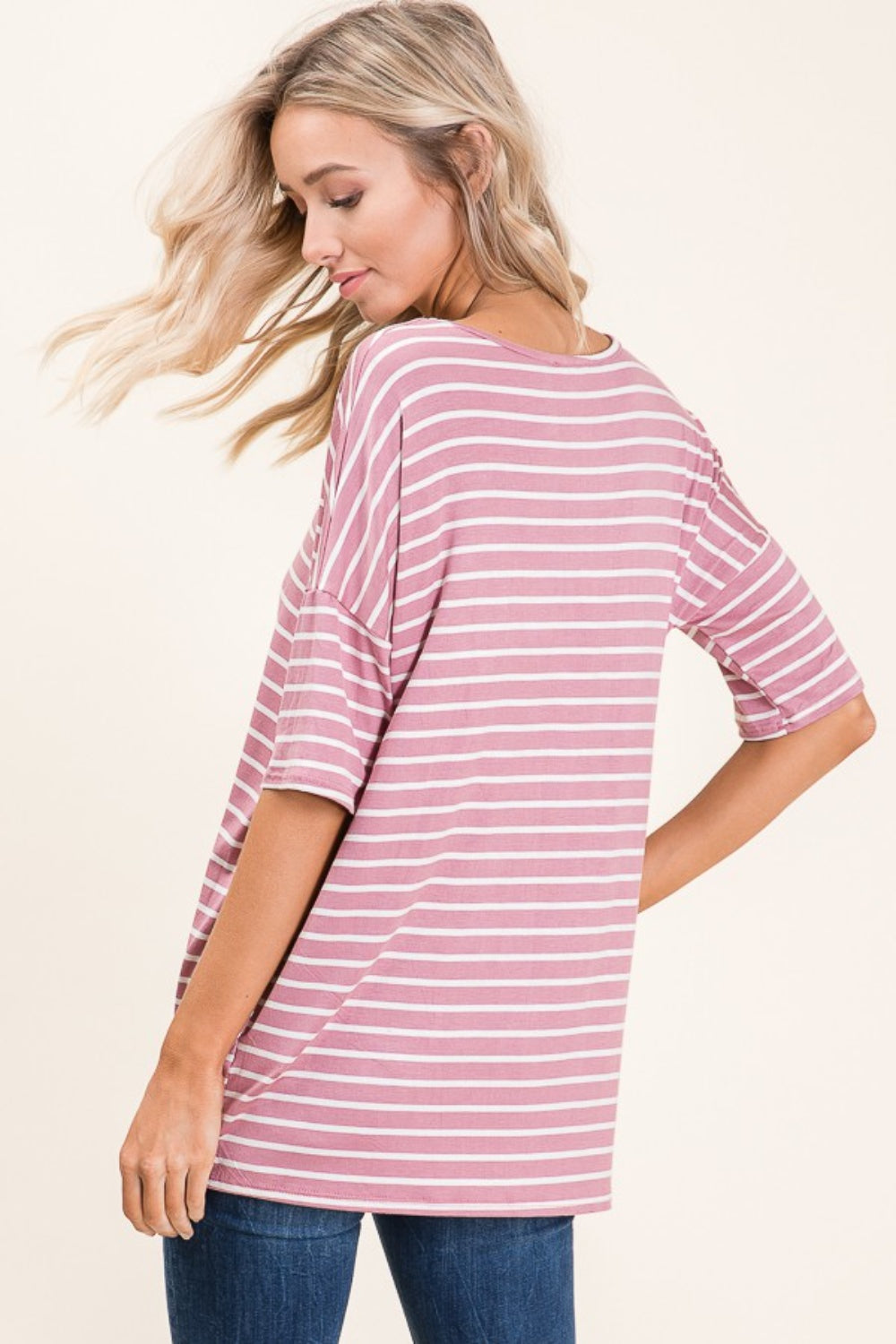 BOMBOM Striped Round Neck Half Sleeve T-Shirt Back View Mauve