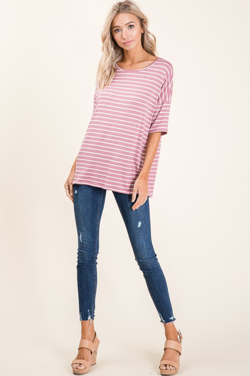 BOMBOM Striped Round Neck Half Sleeve T-Shirt Full Frontal View Mauve