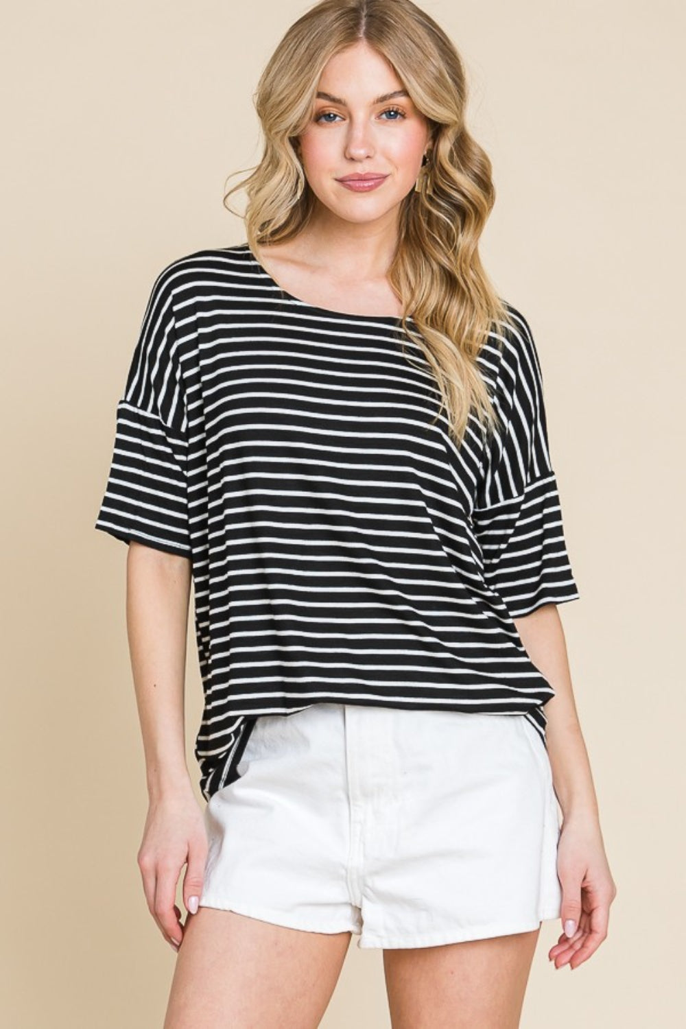 BOMBOM Striped Round Neck T-Shirt Alternate Front View Black