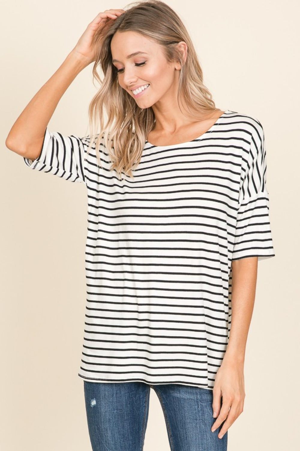 BOMBOM Striped Round Neck T-Shirt Alternate Front View Ivory