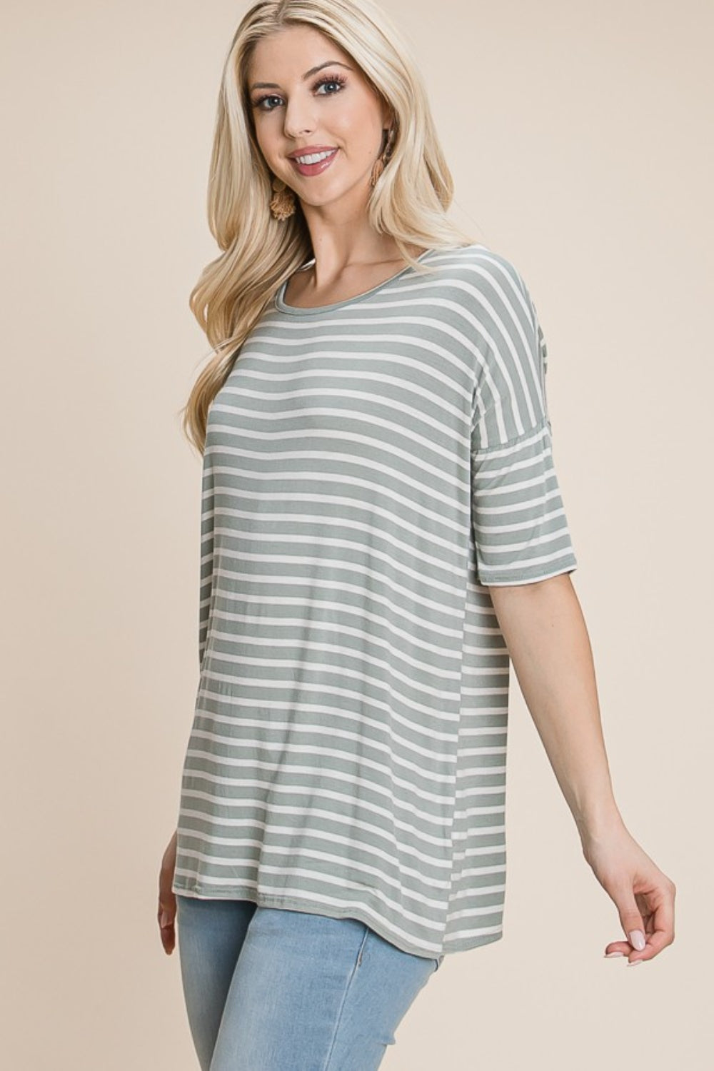 BOMBOM Striped Round Neck T-Shirt Alternate Front View Sage