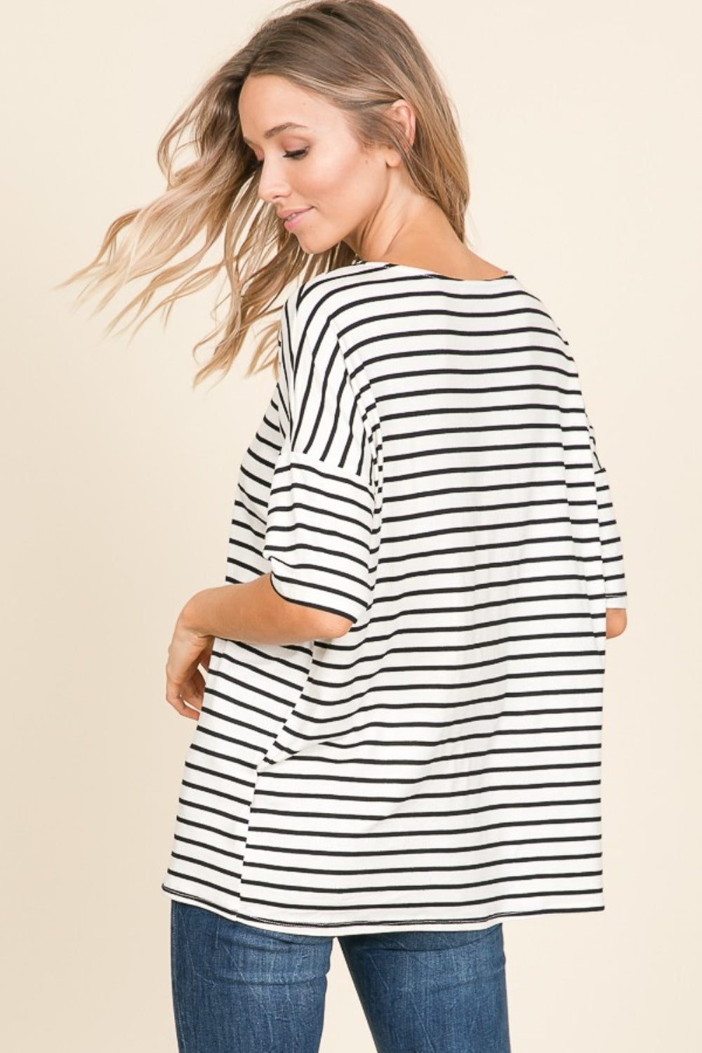 BOMBOM Striped Round Neck T-Shirt Back View Ivory