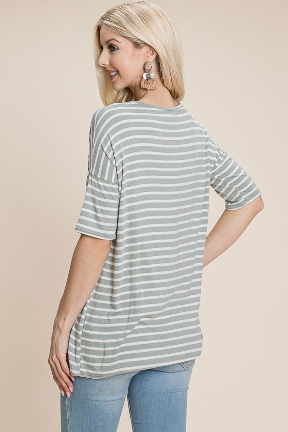 BOMBOM Striped Round Neck T-Shirt Back View Sage