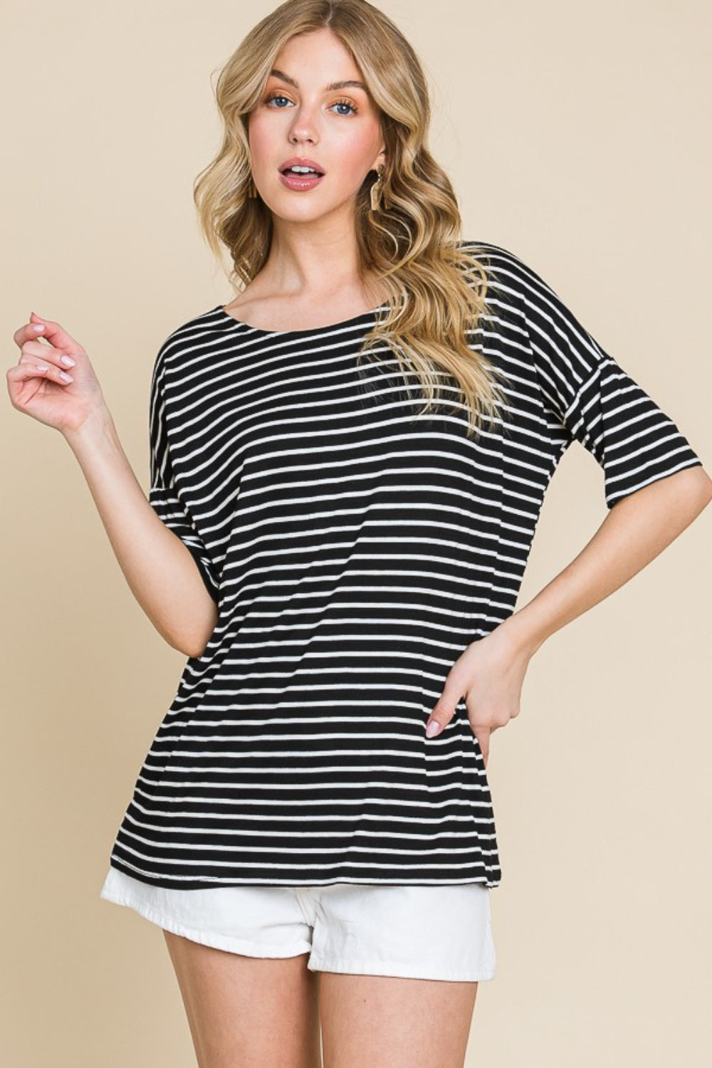 BOMBOM Striped Round Neck T-Shirt Front View Black