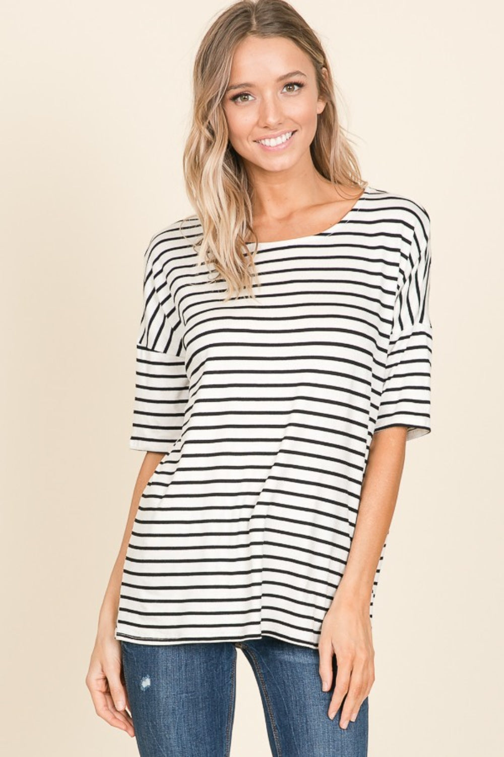 BOMBOM Striped Round Neck T-Shirt Front View Ivory