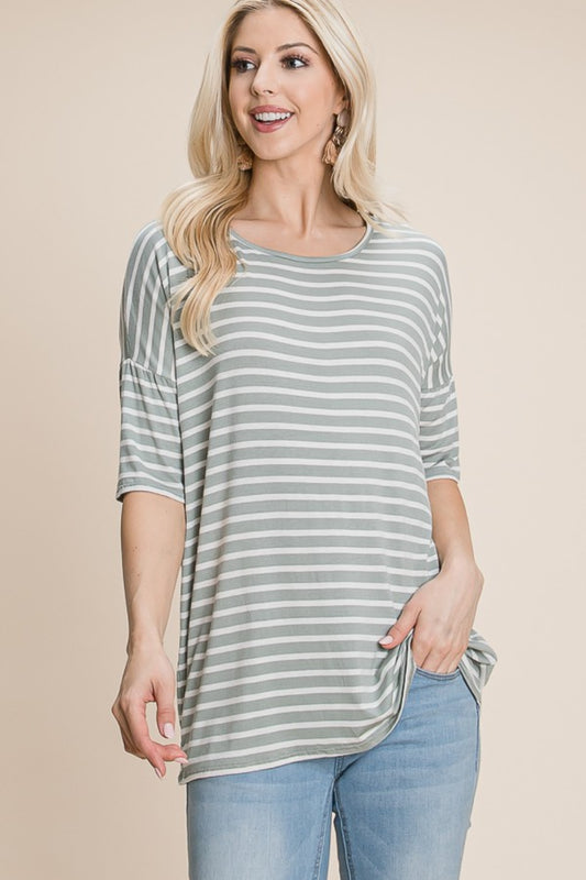BOMBOM Striped Round Neck T-Shirt Front View Sage