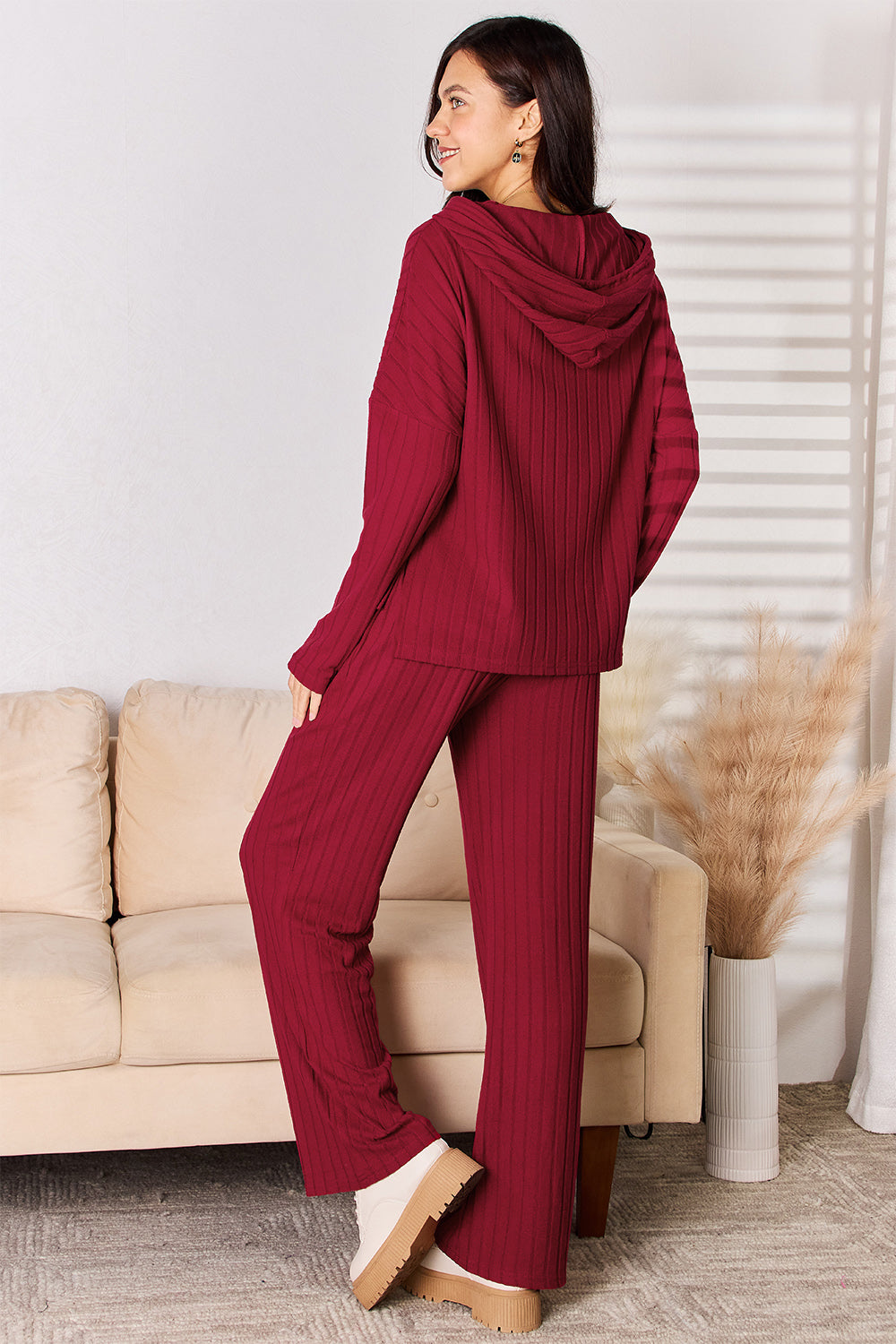 Basic Bae Full Size Ribbed Drawstring Hooded Top and Straight Pants Set Full Back View Deep Red