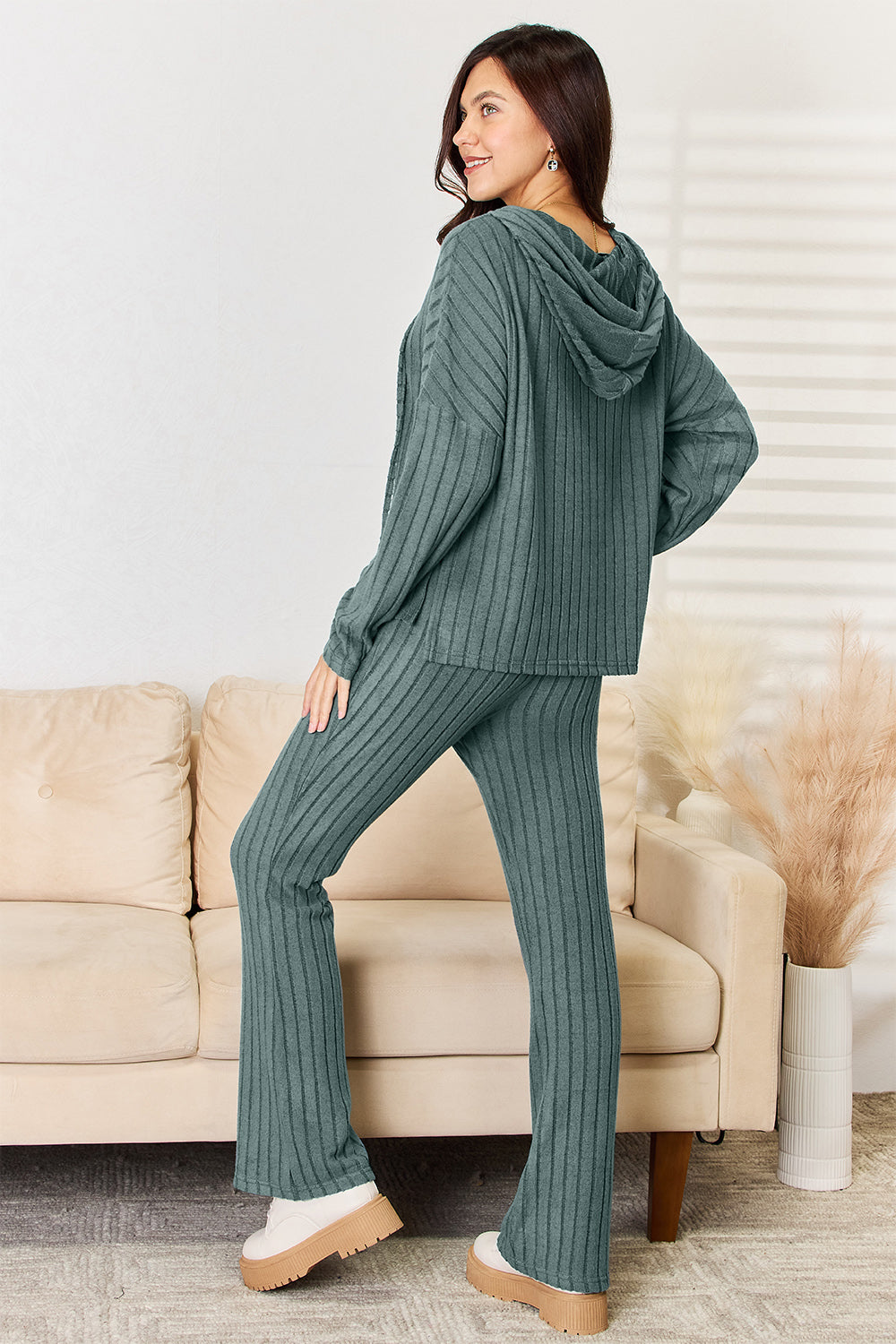 Basic Bae Full Size Ribbed Drawstring Hooded Top and Straight Pants Set Full Back View Deep Teal