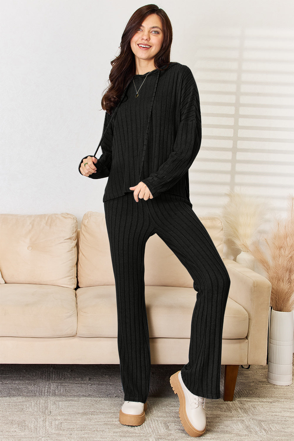 Basic Bae Full Size Ribbed Drawstring Hooded Top and Straight Pants Set Full Frontal View Black