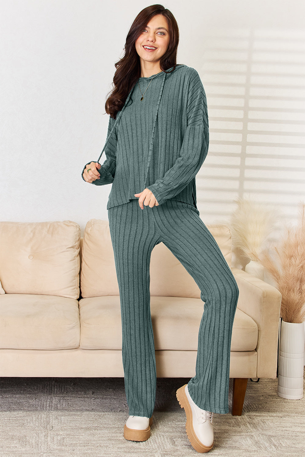 Basic Bae Full Size Ribbed Drawstring Hooded Top and Straight Pants Set Full Frontal View Deep Teal