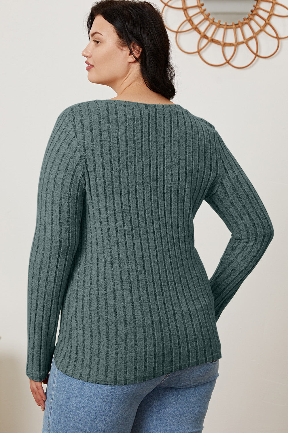 Basic Bae Full Size Ribbed V-Neck Long Sleeve T-Shirt Back View Air Force Blue