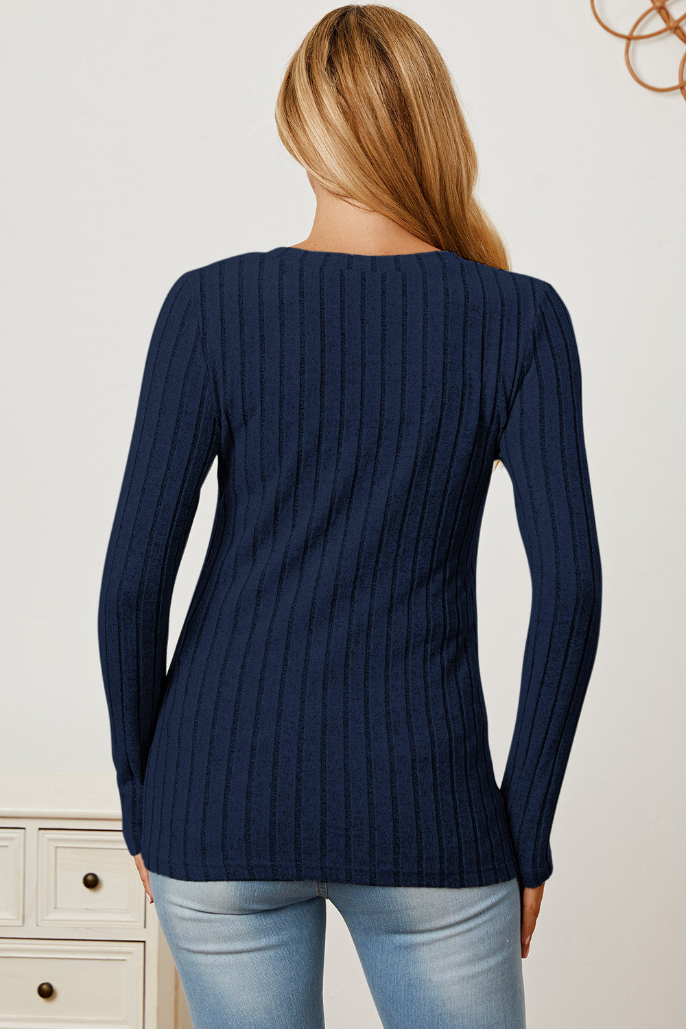 Basic Bae Full Size Ribbed V-Neck Long Sleeve T-Shirt Back View Dark Blue