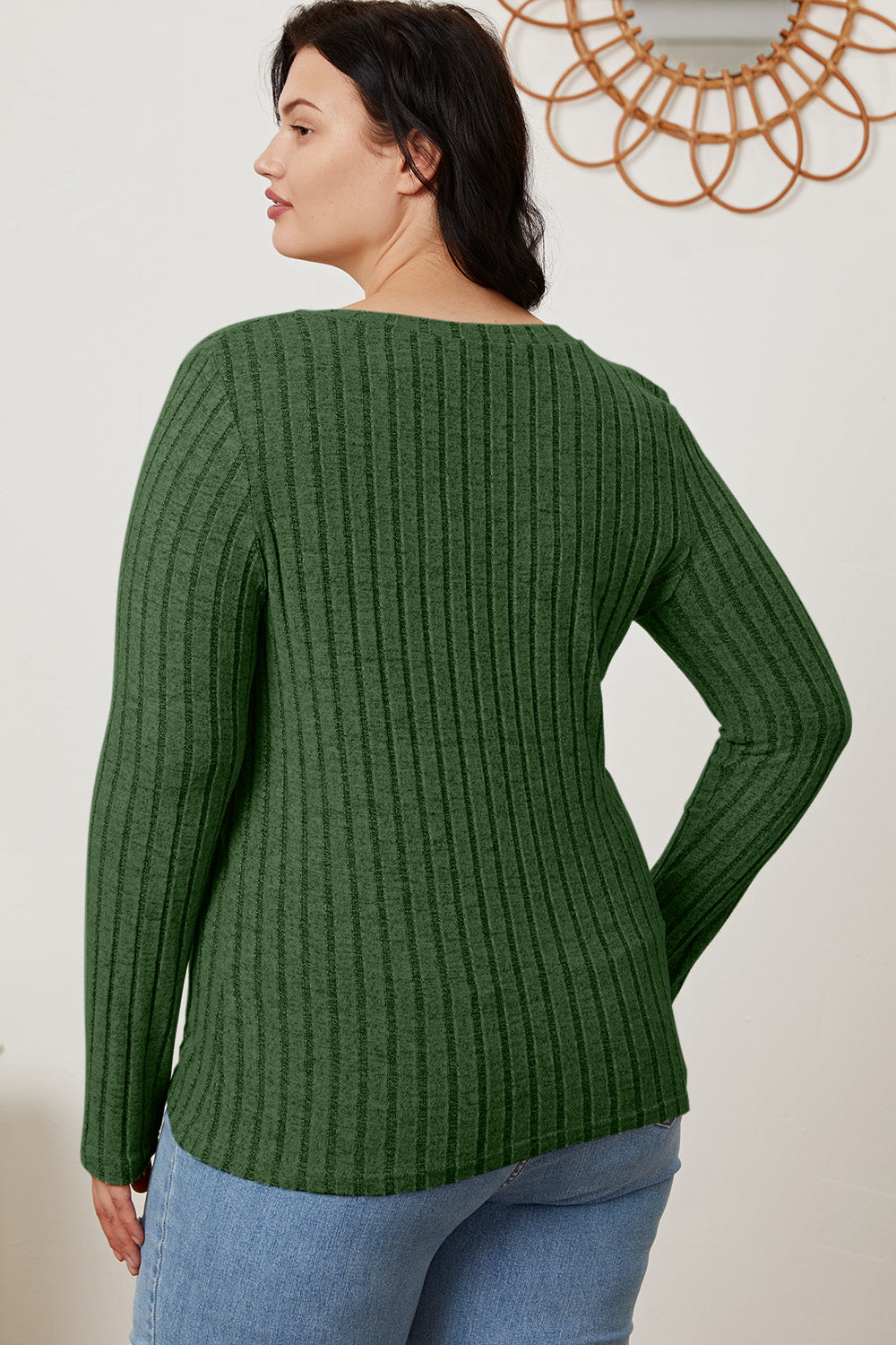 Basic Bae Full Size Ribbed V-Neck Long Sleeve T-Shirt  Back View Green