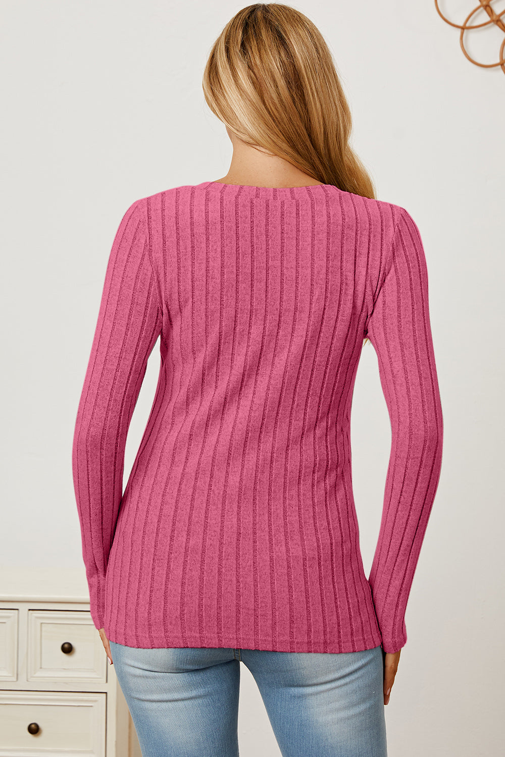 Basic Bae Full Size Ribbed V-Neck Long Sleeve T-Shirt Back View Hot Pink