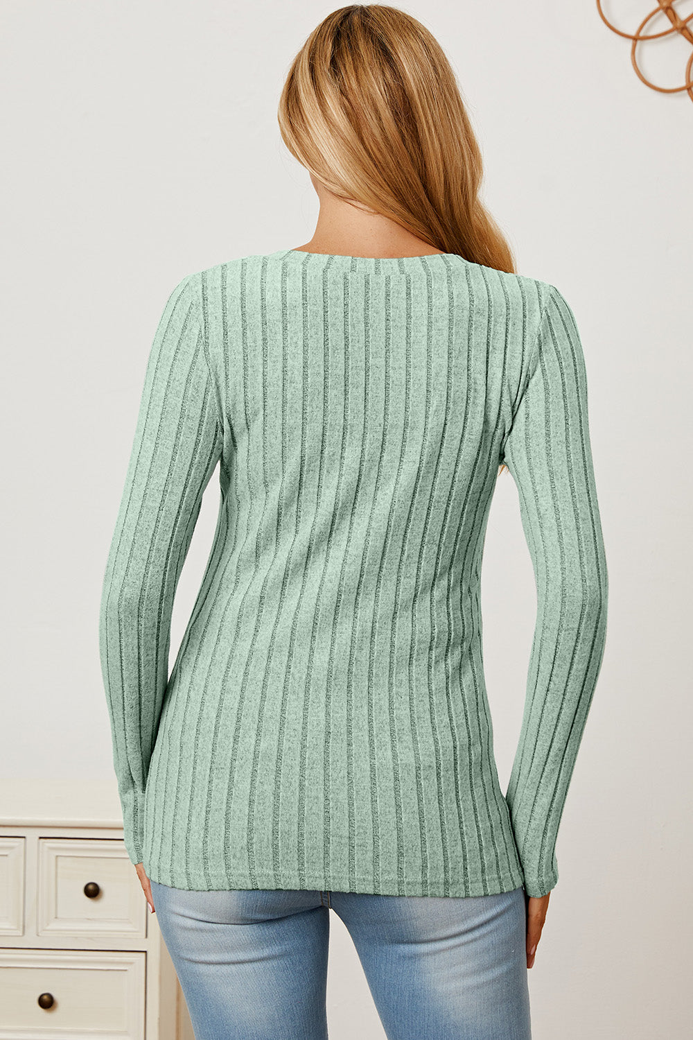 Basic Bae Full Size Ribbed V-Neck Long Sleeve T-Shirt Back View Light Green