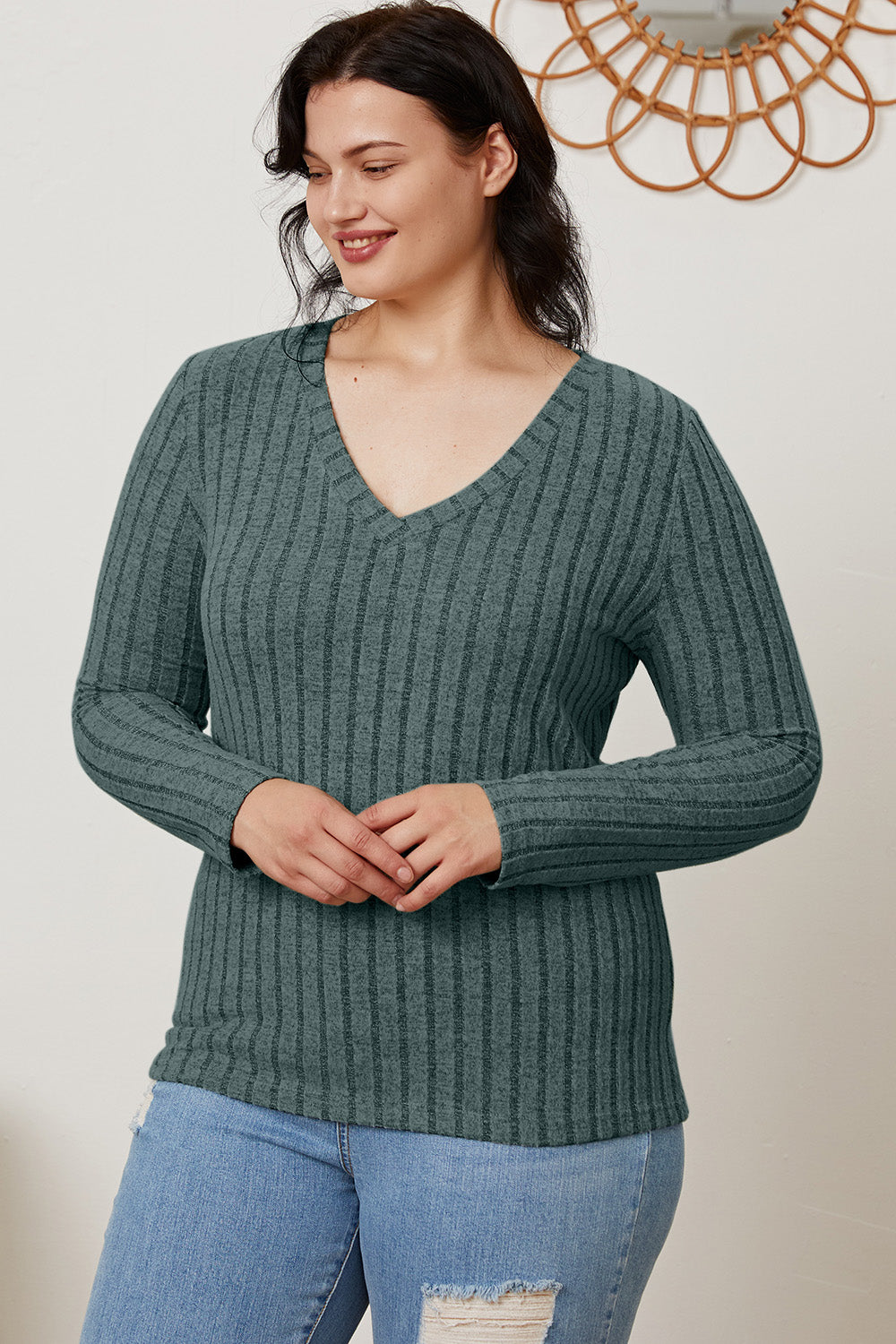 Basic Bae Full Size Ribbed V-Neck Long Sleeve T-Shirt Front View Air Force Blue