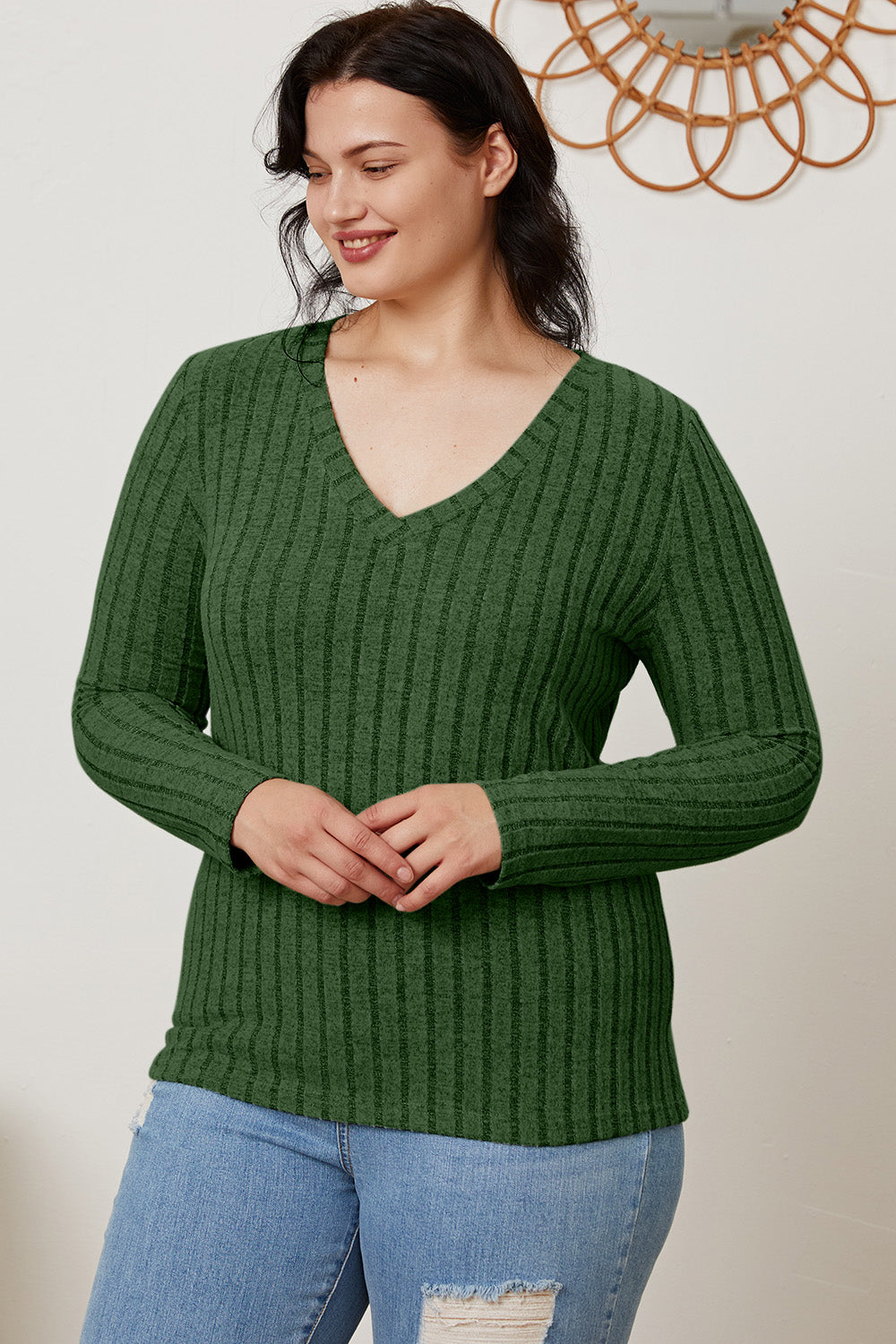 Basic Bae Full Size Ribbed V-Neck Long Sleeve T-Shirt Front View Green