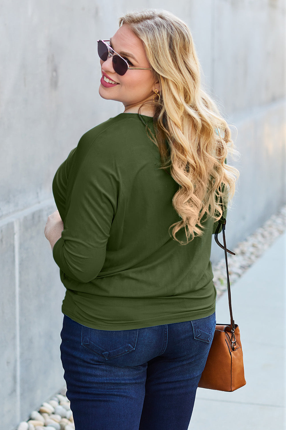 Basic Bae Full Size Round Neck Batwing Sleeve Top Back View Army Green