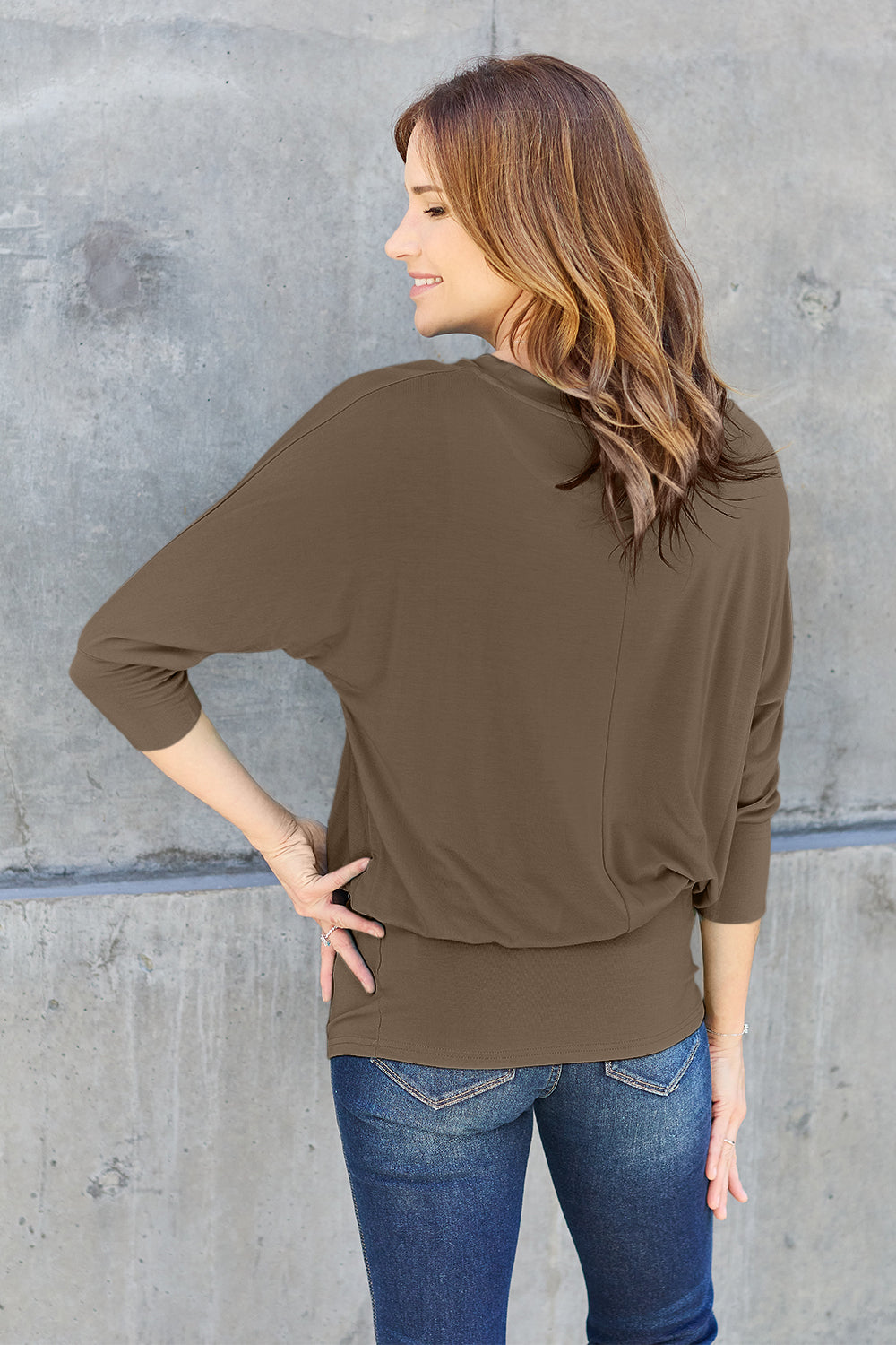 Basic Bae Full Size Round Neck Batwing Sleeve Top Back View Brown