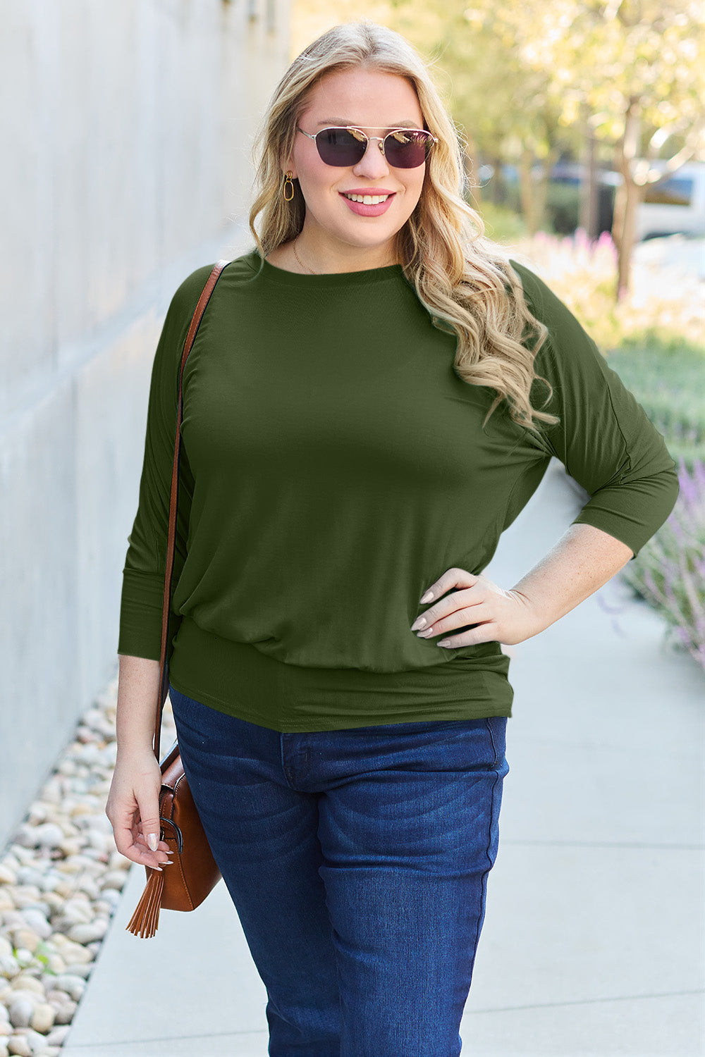 Basic Bae Full Size Round Neck Batwing Sleeve Top Front View Army Green
