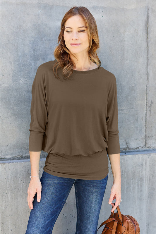 Basic Bae Full Size Round Neck Batwing Sleeve Top Front View Brown