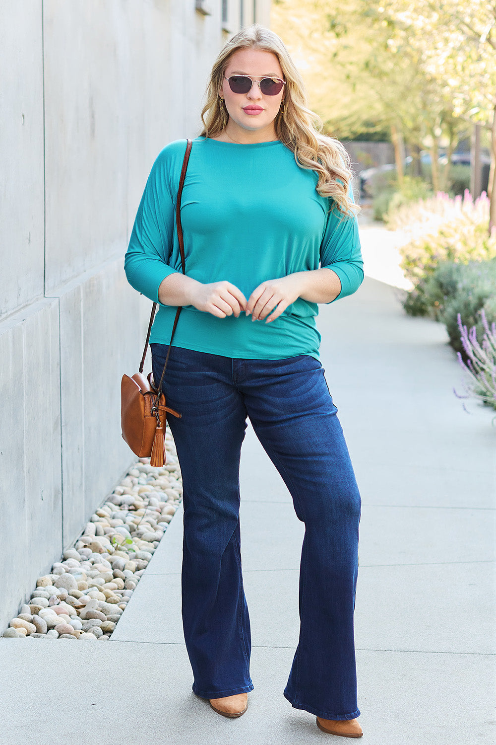 Basic Bae Full Size Round Neck Batwing Sleeve Top Full Frontal View Sky Blue