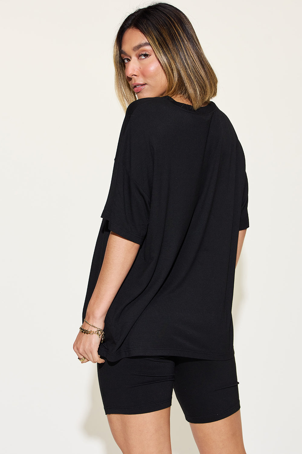 Basic Bae Full Size V-Neck Drop Shoulder T-Shirt and Shorts Set Back View Black