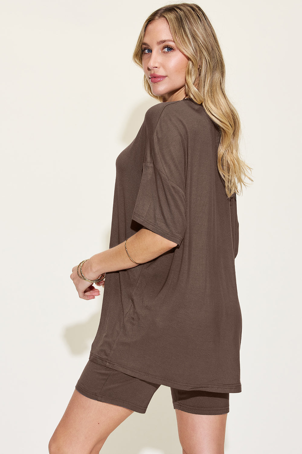 Basic Bae Full Size V-Neck Drop Shoulder T-Shirt and Shorts Set Back View Chocolate
