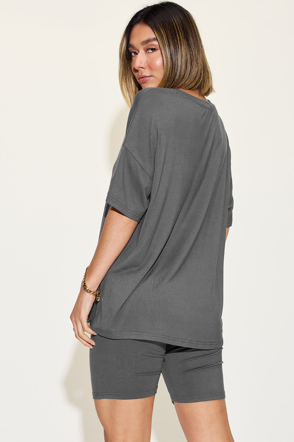 Basic Bae Full Size V-Neck Drop Shoulder T-Shirt and Shorts Set Back View Dark Gray