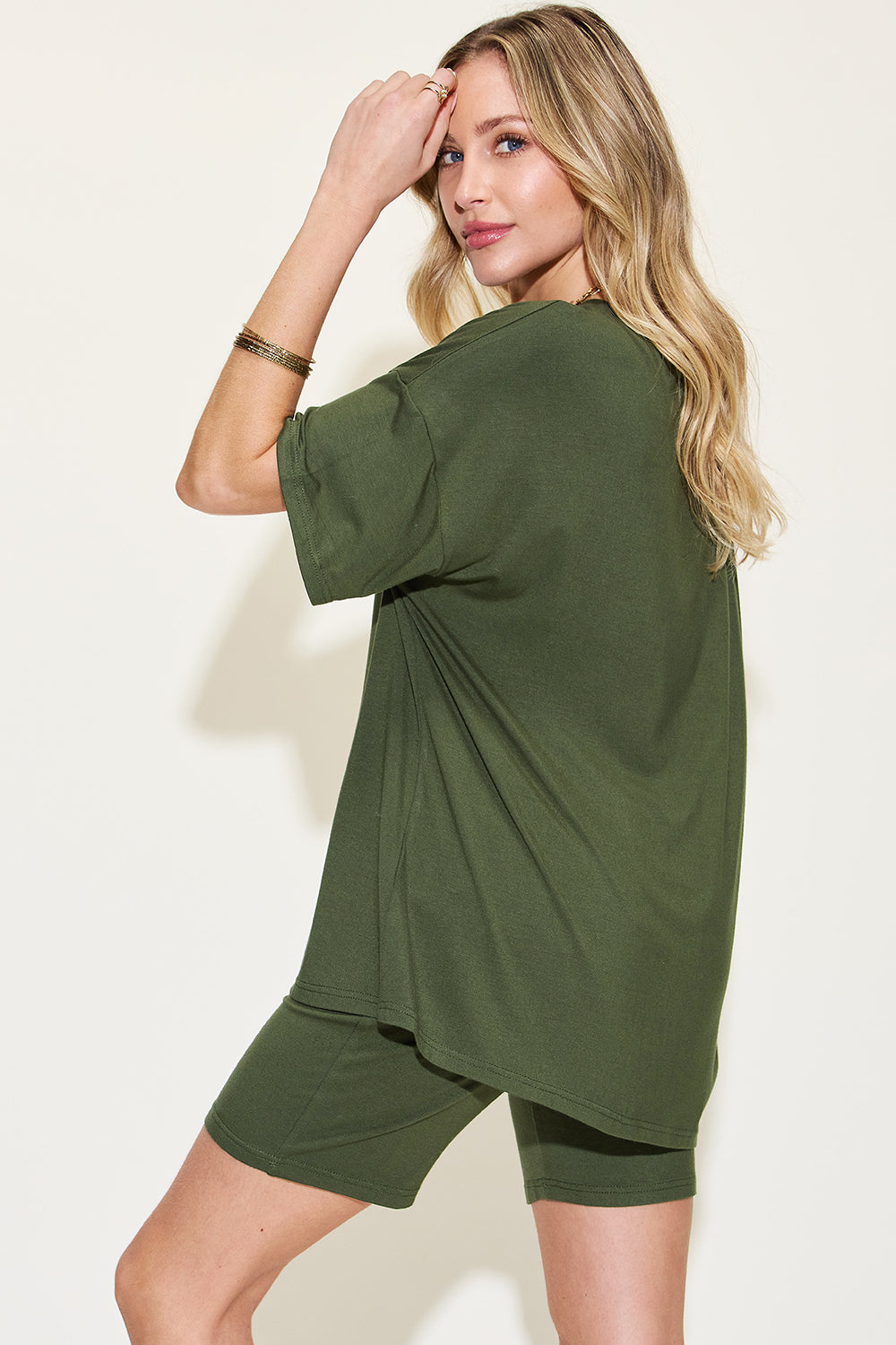 Basic Bae Full Size V-Neck Drop Shoulder T-Shirt and Shorts Set Back View Matcha Green