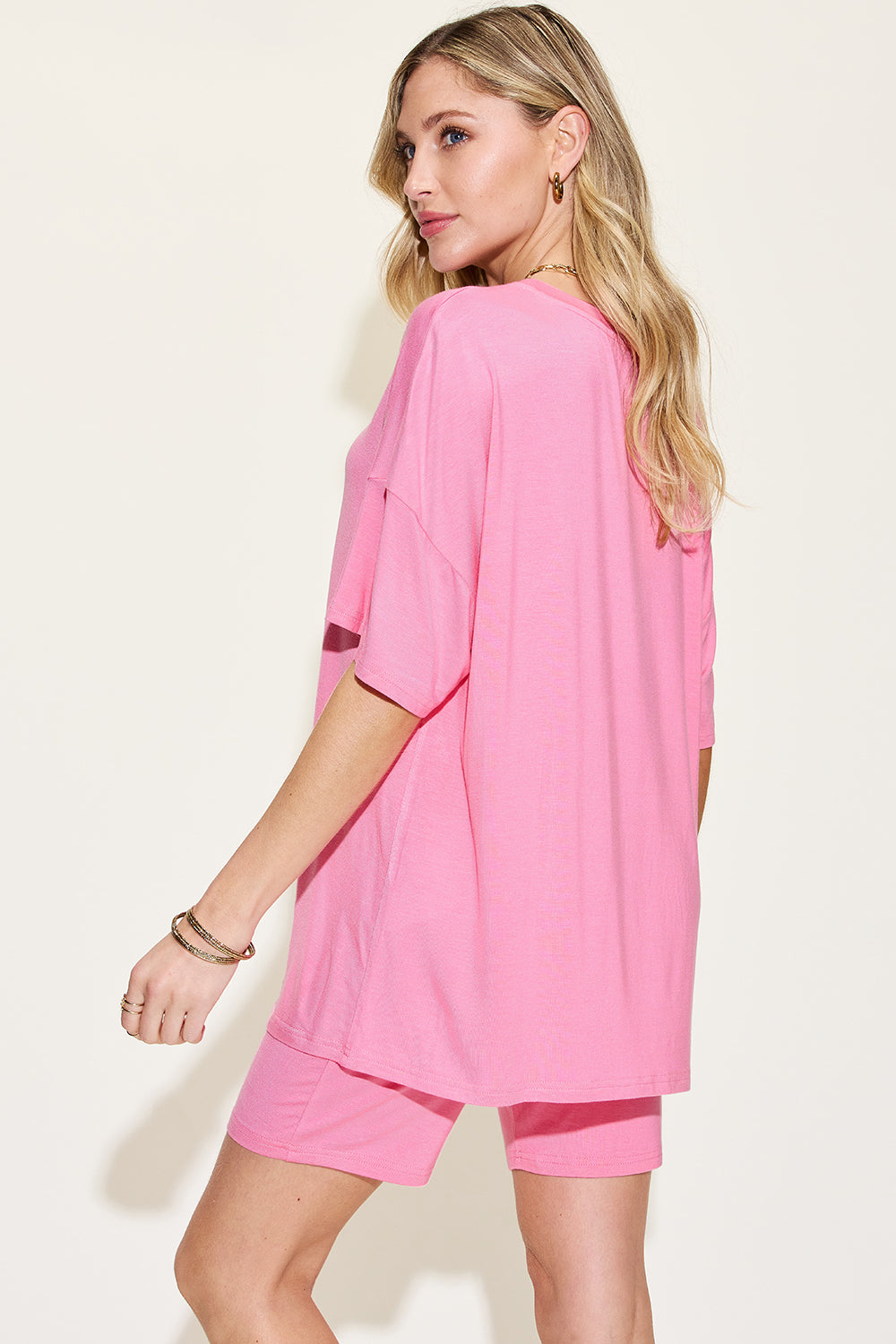 Basic Bae Full Size V-Neck Drop Shoulder T-Shirt and Shorts Set Back View Pink