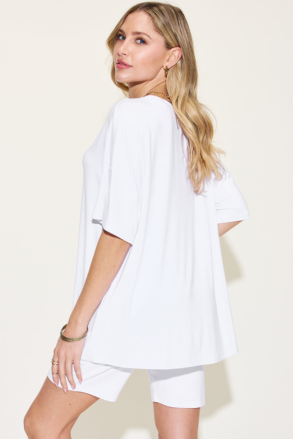 Basic Bae Full Size V-Neck Drop Shoulder T-Shirt and Shorts Set Back View White