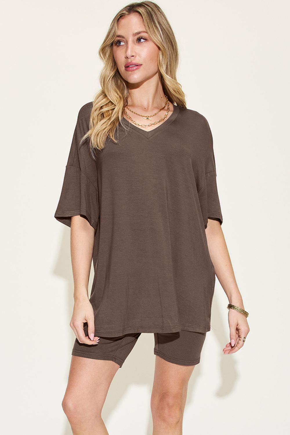 Basic Bae Full Size V-Neck Drop Shoulder T-Shirt and Shorts Set Front View Chocolate