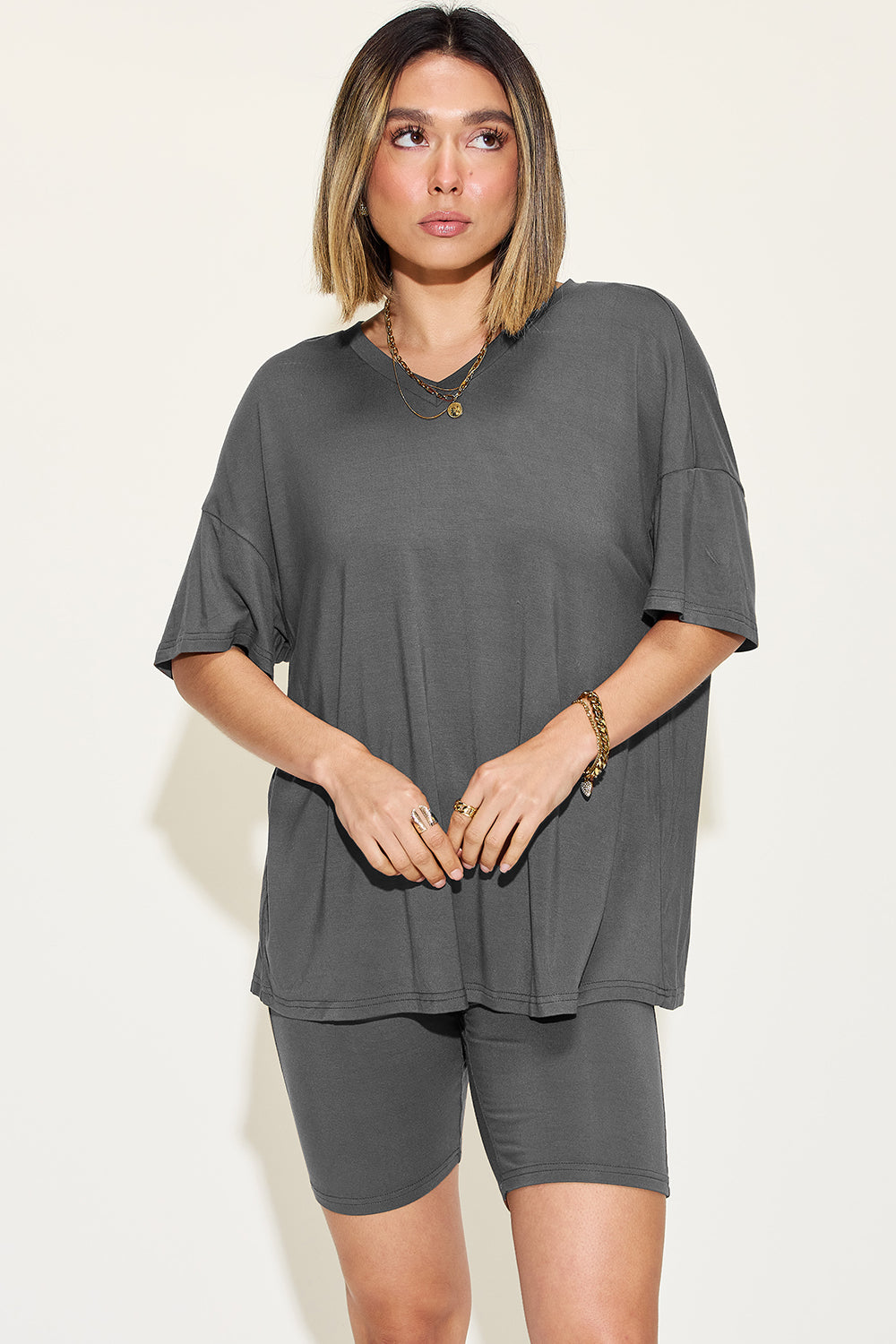 Basic Bae Full Size V-Neck Drop Shoulder T-Shirt and Shorts Set Front View Dark Gray