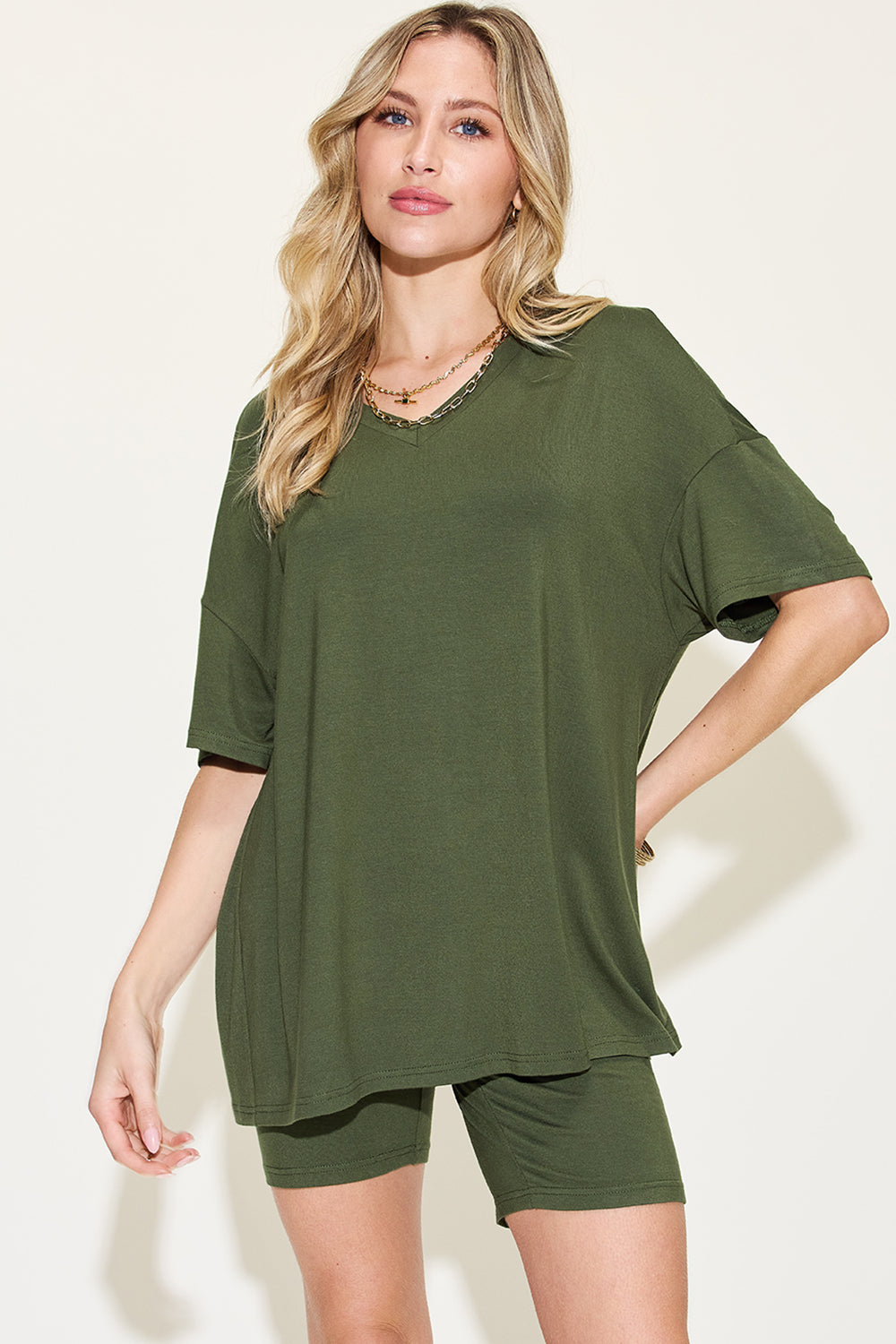 Basic Bae Full Size V-Neck Drop Shoulder T-Shirt and Shorts Set Front View Matcha Green