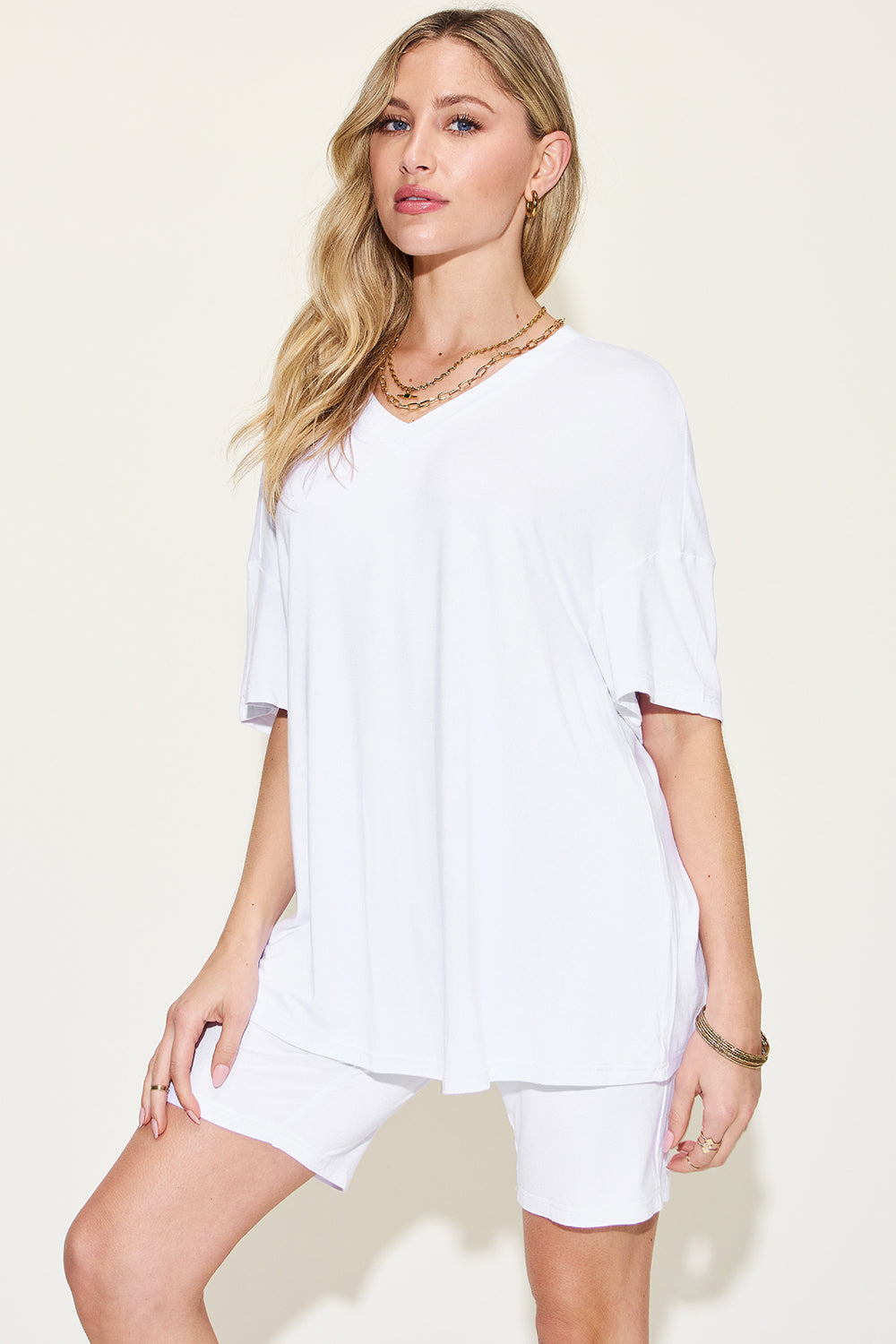 Basic Bae Full Size V-Neck Drop Shoulder T-Shirt and Shorts Set Front View White