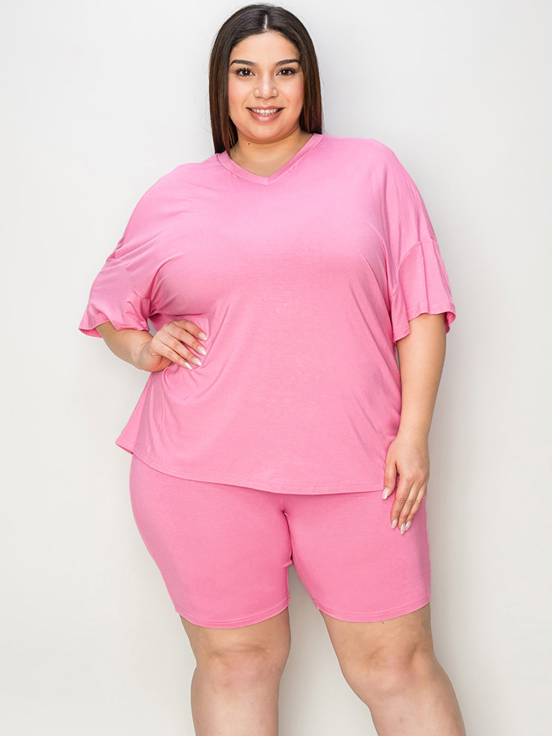 Basic Bae Full Size V-Neck Drop Shoulder T-Shirt and Shorts Set Plus Size Front View Pink