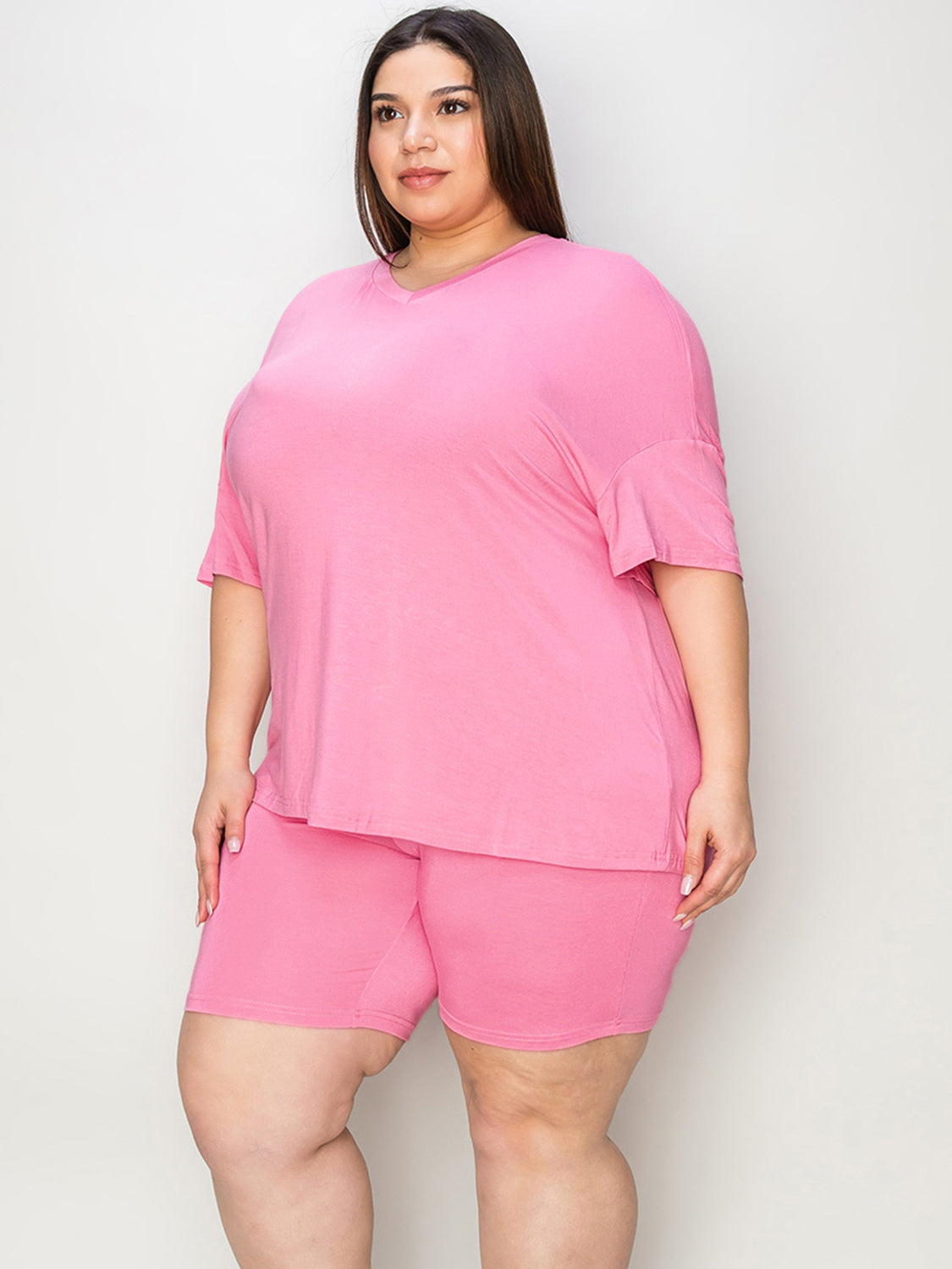 Basic Bae Full Size V-Neck Drop Shoulder T-Shirt and Shorts Set Plus Size Side View Pink