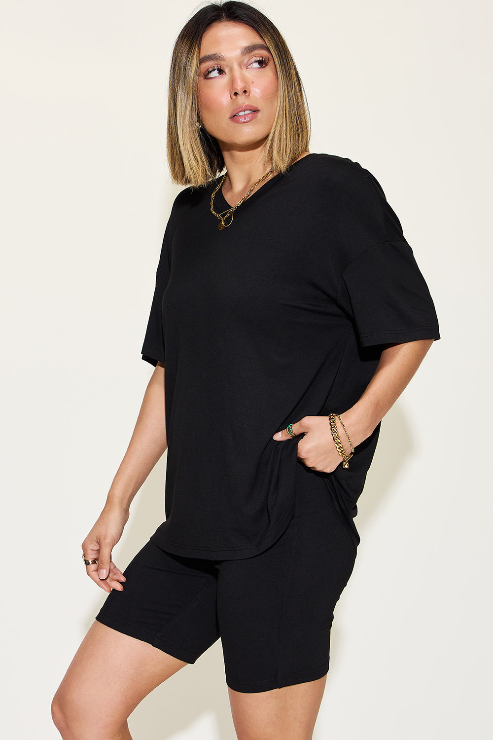 Basic Bae Full Size V-Neck Drop Shoulder T-Shirt and Shorts Set Side View Black
